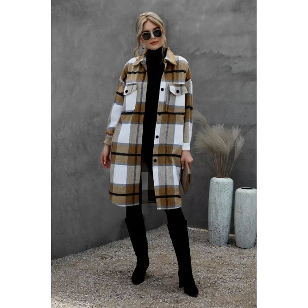 LAST ONE! Plus Size Brown Khaki Turn Down Collar Plaid Jacket - Picture 1 of 6